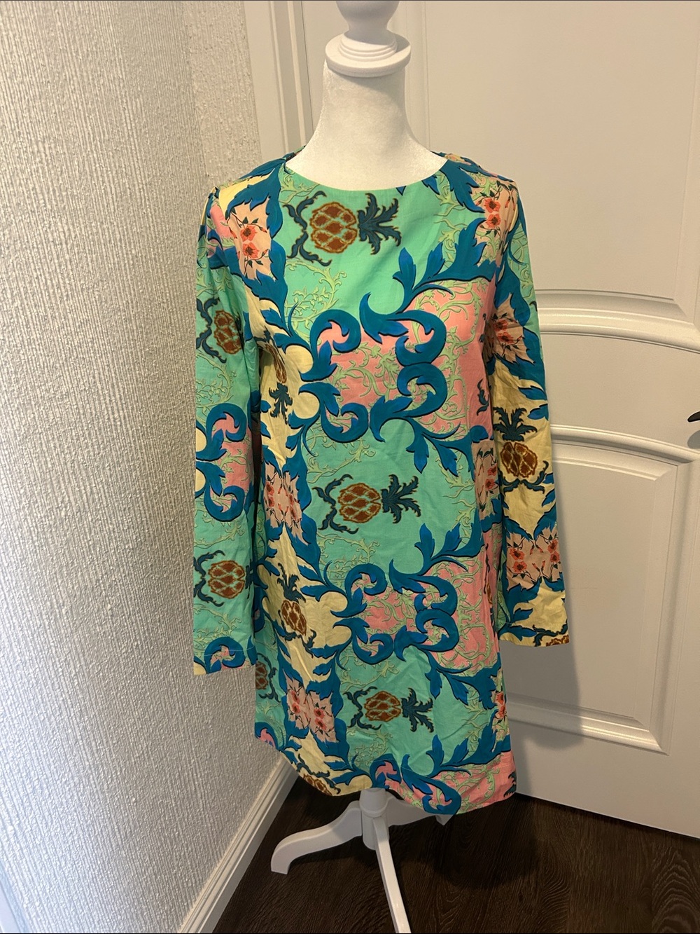 CELINA MOON Teal Multi-Color Floral-Pattern Long Sleeve Dress